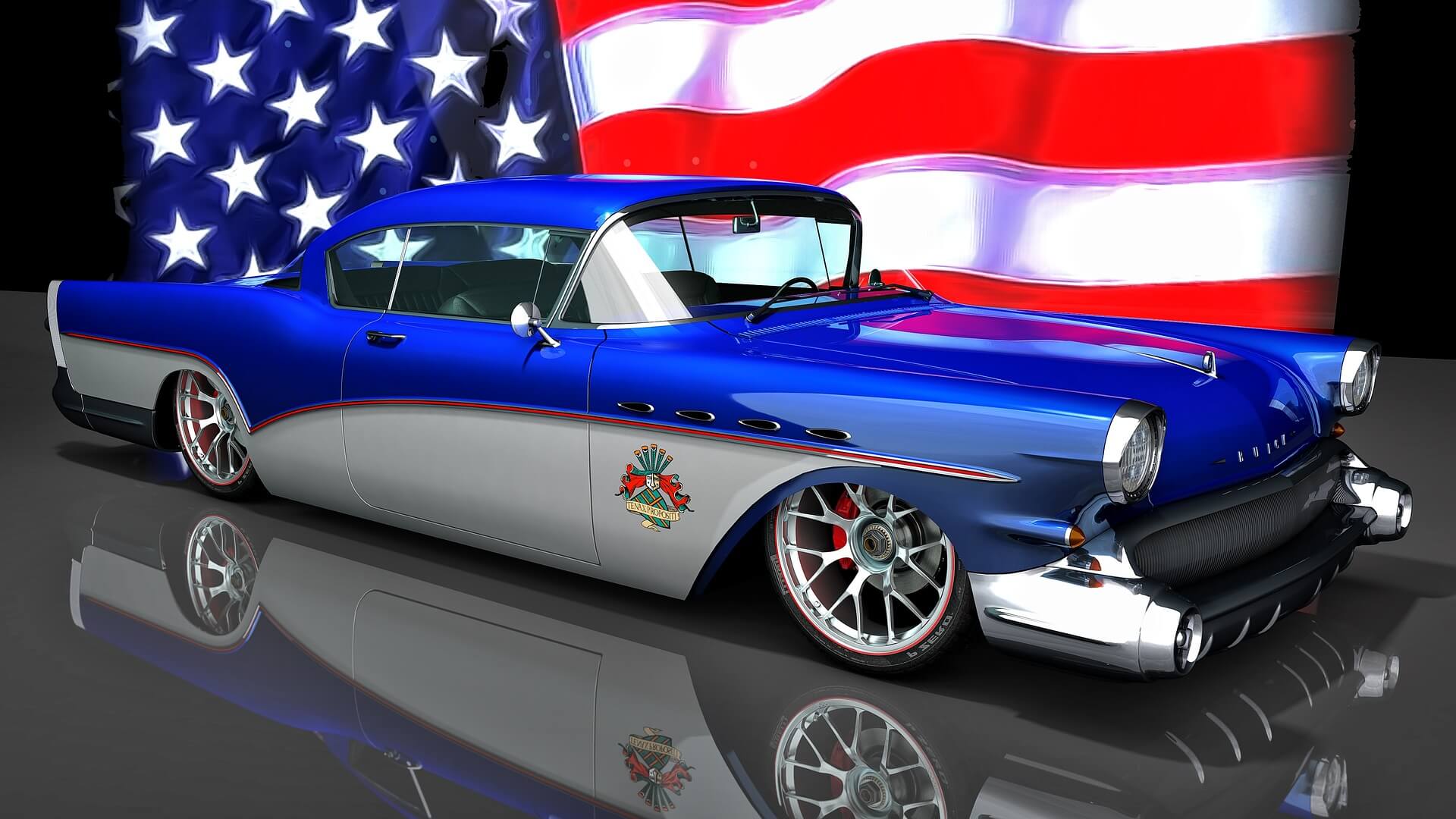 blau-weißer Buick Oldtimer vor amerikanischer Flagge